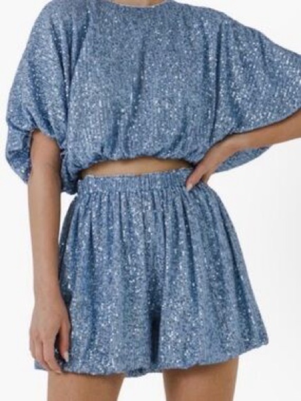NWT Endless Rose Sequins Cropped Puff Top Blue Size M